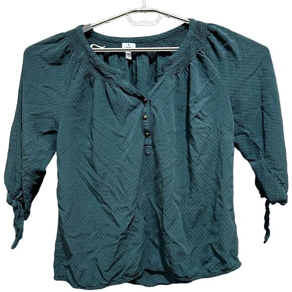 Dressbarn Top Women Plus 1X Green Bohemian Peasant Prairie Cottage Earthy Henley - Picture 2 of 8